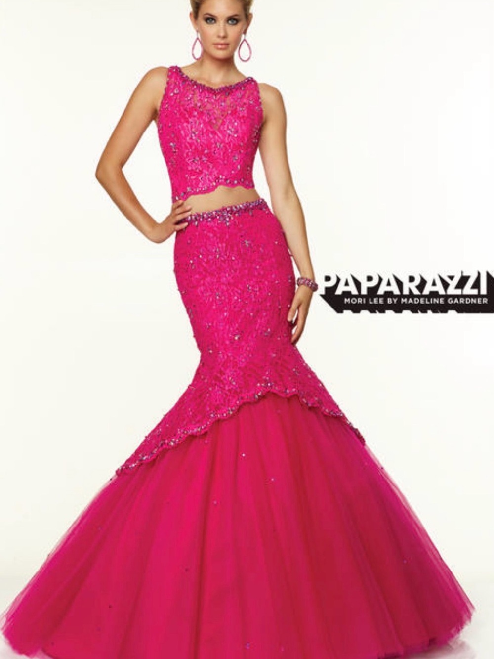 Hot Pink Lace & Tulle Mermaid Maxi Dress